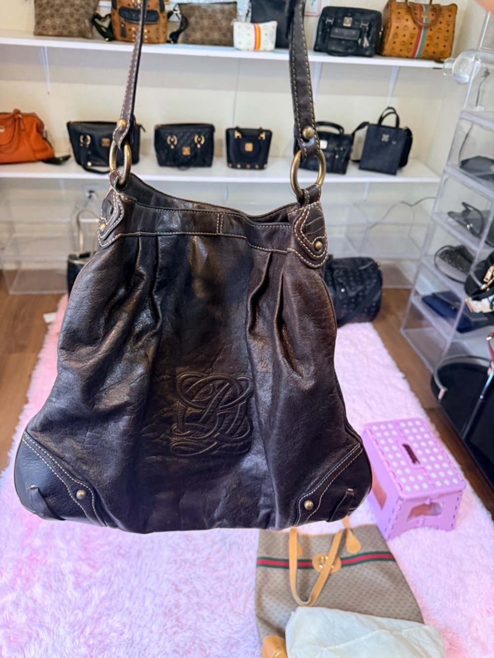 Dark Brown Leather Shoulder Bag with Embossed Monogram